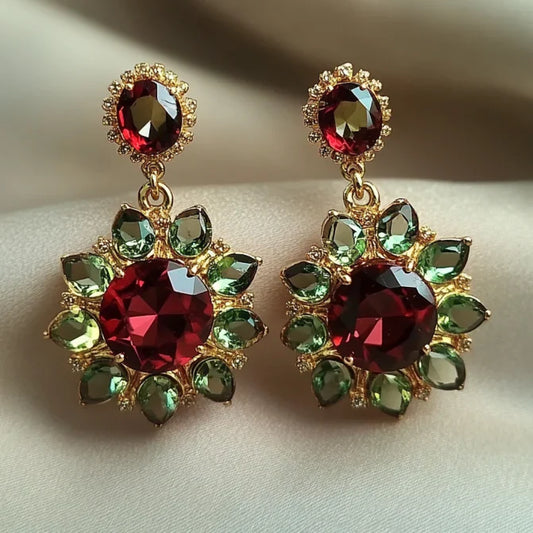 Vintage Bright Red & Green Flower Earrings