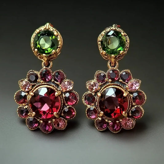 Vintage Garnet & Green Crystal Flower Earrings