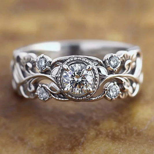 Vintage Hollow Ivy Zirconia Silver Ring