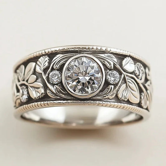 Vintage Silver Leaf Zirconia Ring