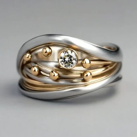 Vintage Silver & Gold Wavy Zirconia Ring